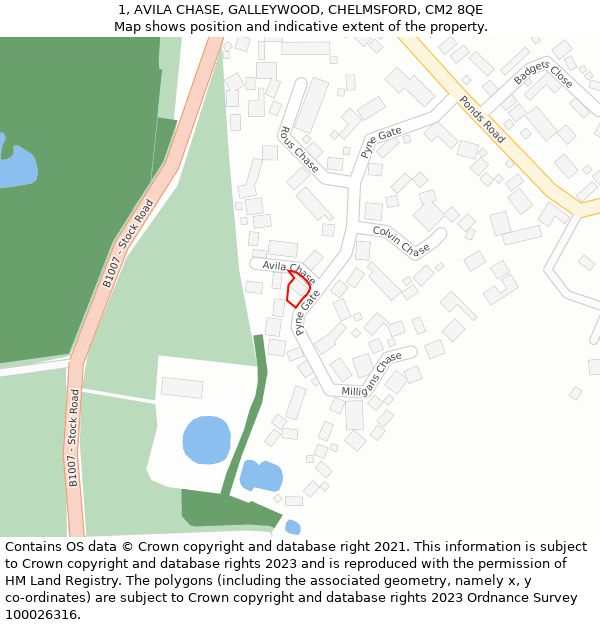 1, AVILA CHASE, GALLEYWOOD, CHELMSFORD, CM2 8QE: Location map and indicative extent of plot