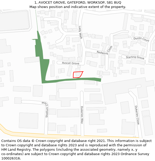 1, AVOCET GROVE, GATEFORD, WORKSOP, S81 8UQ: Location map and indicative extent of plot