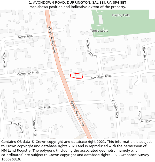 1, AVONDOWN ROAD, DURRINGTON, SALISBURY, SP4 8ET: Location map and indicative extent of plot