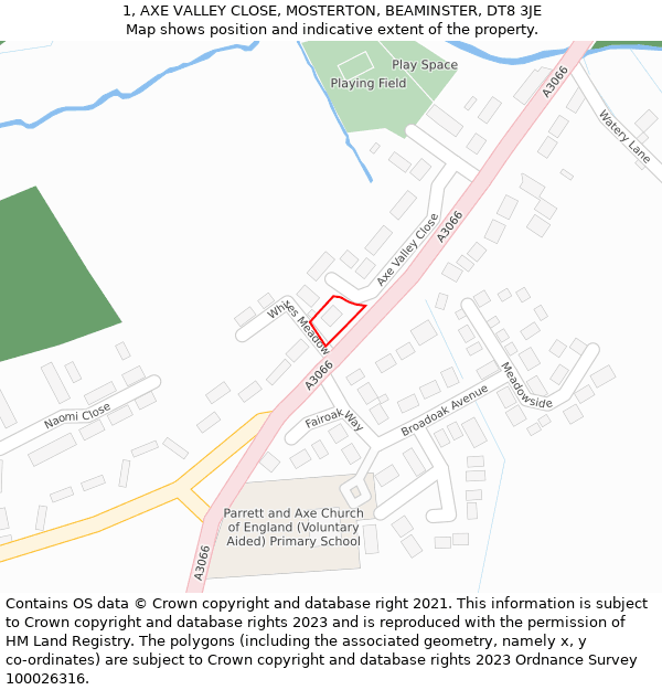 1, AXE VALLEY CLOSE, MOSTERTON, BEAMINSTER, DT8 3JE: Location map and indicative extent of plot