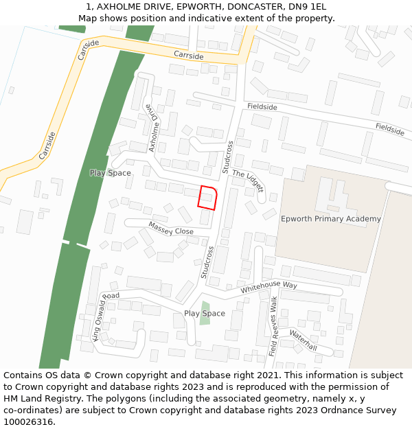 1, AXHOLME DRIVE, EPWORTH, DONCASTER, DN9 1EL: Location map and indicative extent of plot