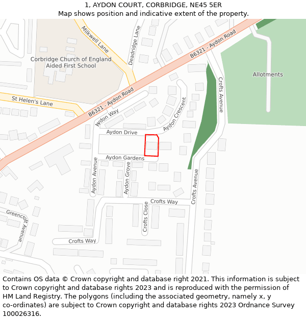 1, AYDON COURT, CORBRIDGE, NE45 5ER: Location map and indicative extent of plot