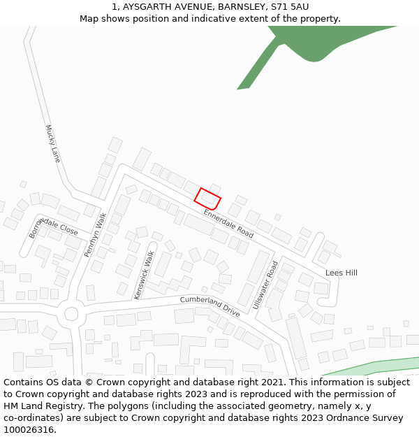 1, AYSGARTH AVENUE, BARNSLEY, S71 5AU: Location map and indicative extent of plot