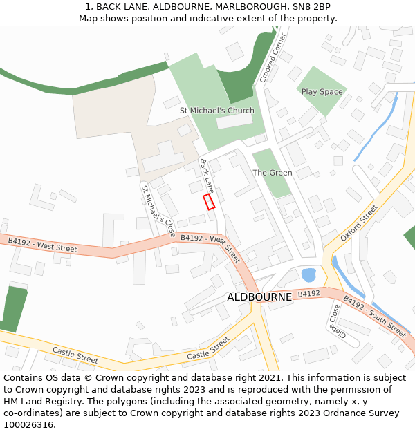 1, BACK LANE, ALDBOURNE, MARLBOROUGH, SN8 2BP: Location map and indicative extent of plot