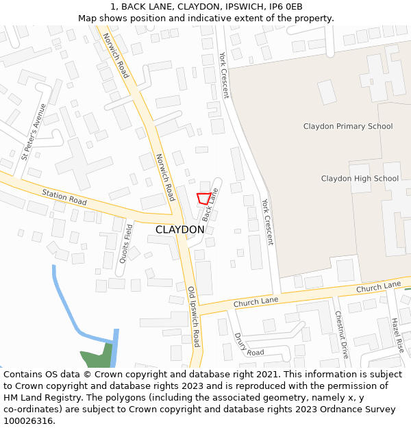 1, BACK LANE, CLAYDON, IPSWICH, IP6 0EB: Location map and indicative extent of plot