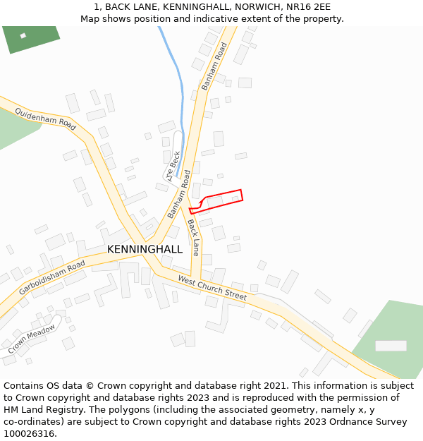 1, BACK LANE, KENNINGHALL, NORWICH, NR16 2EE: Location map and indicative extent of plot