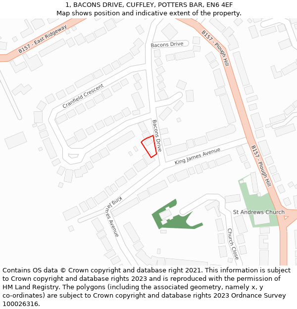 1, BACONS DRIVE, CUFFLEY, POTTERS BAR, EN6 4EF: Location map and indicative extent of plot