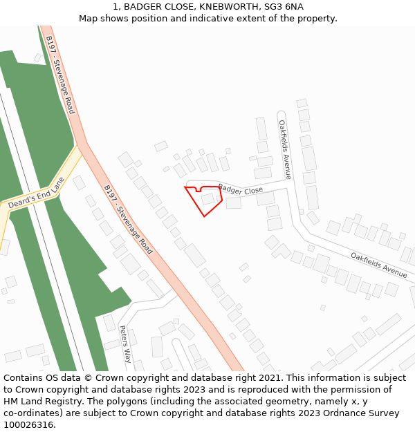 1, BADGER CLOSE, KNEBWORTH, SG3 6NA: Location map and indicative extent of plot