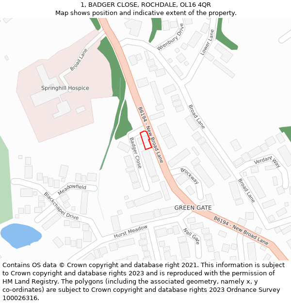 1, BADGER CLOSE, ROCHDALE, OL16 4QR: Location map and indicative extent of plot