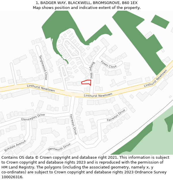 1, BADGER WAY, BLACKWELL, BROMSGROVE, B60 1EX: Location map and indicative extent of plot