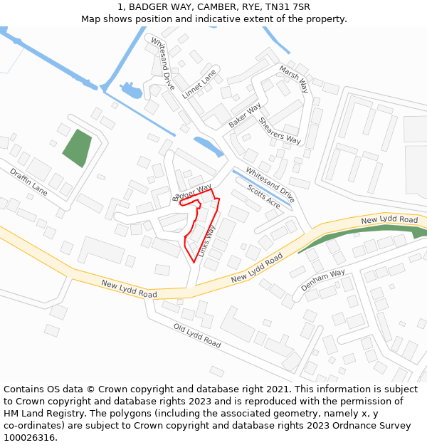 1, BADGER WAY, CAMBER, RYE, TN31 7SR: Location map and indicative extent of plot