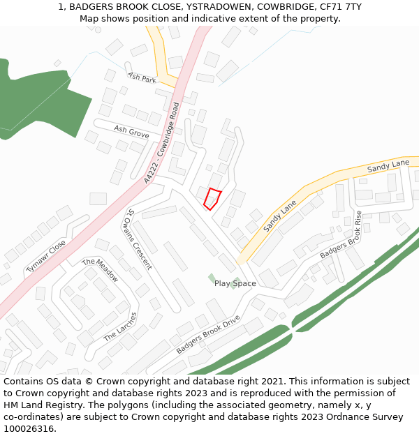 1, BADGERS BROOK CLOSE, YSTRADOWEN, COWBRIDGE, CF71 7TY: Location map and indicative extent of plot