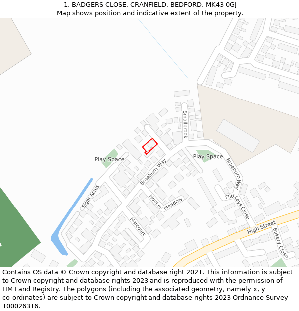 1, BADGERS CLOSE, CRANFIELD, BEDFORD, MK43 0GJ: Location map and indicative extent of plot