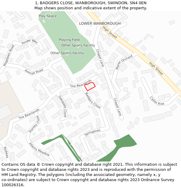 1, BADGERS CLOSE, WANBOROUGH, SWINDON, SN4 0EN: Location map and indicative extent of plot