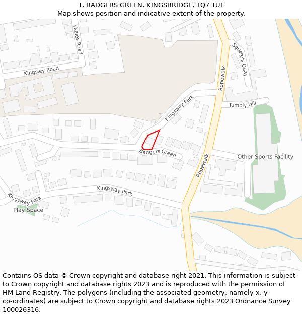 1, BADGERS GREEN, KINGSBRIDGE, TQ7 1UE: Location map and indicative extent of plot