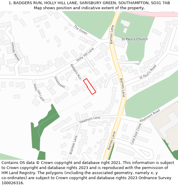 1, BADGERS RUN, HOLLY HILL LANE, SARISBURY GREEN, SOUTHAMPTON, SO31 7AB: Location map and indicative extent of plot