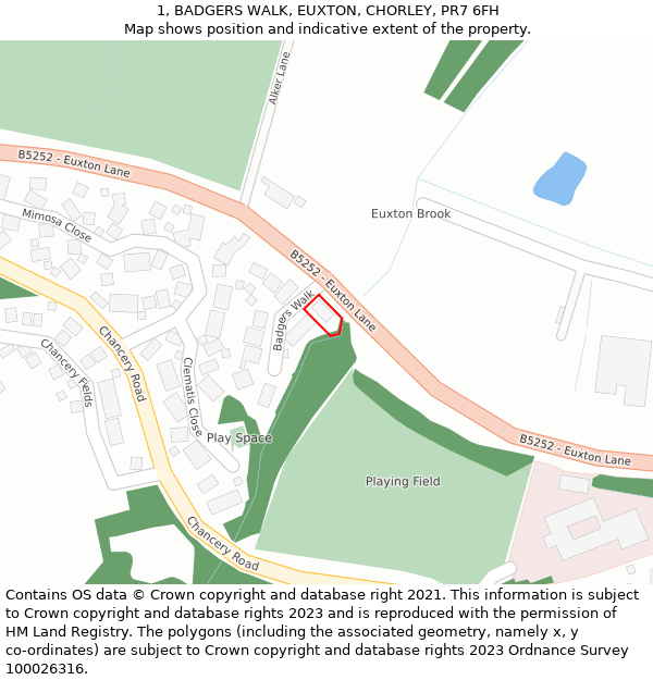 1, BADGERS WALK, EUXTON, CHORLEY, PR7 6FH: Location map and indicative extent of plot