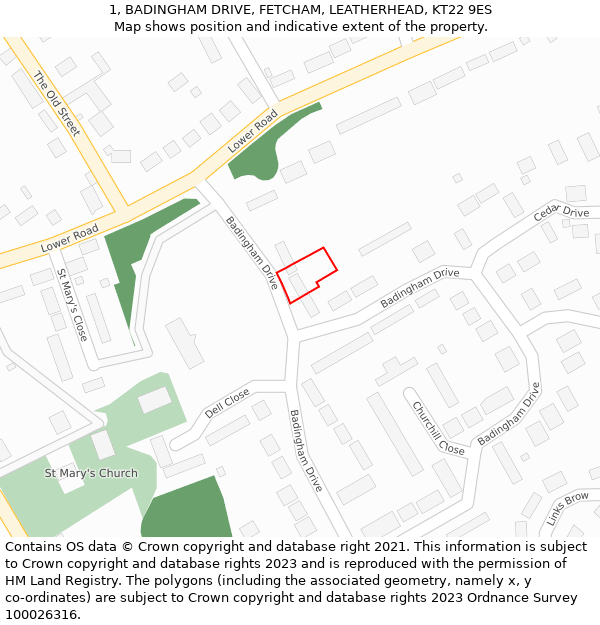 1, BADINGHAM DRIVE, FETCHAM, LEATHERHEAD, KT22 9ES: Location map and indicative extent of plot