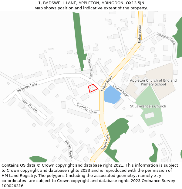 1, BADSWELL LANE, APPLETON, ABINGDON, OX13 5JN: Location map and indicative extent of plot