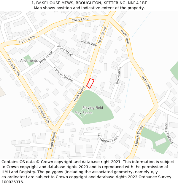 1, BAKEHOUSE MEWS, BROUGHTON, KETTERING, NN14 1RE: Location map and indicative extent of plot