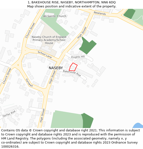 1, BAKEHOUSE RISE, NASEBY, NORTHAMPTON, NN6 6DQ: Location map and indicative extent of plot