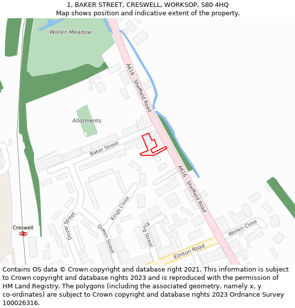 1, BAKER STREET, CRESWELL, WORKSOP, S80 4HQ: Location map and indicative extent of plot