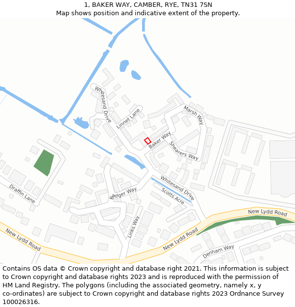 1, BAKER WAY, CAMBER, RYE, TN31 7SN: Location map and indicative extent of plot