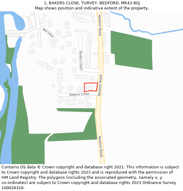 1, BAKERS CLOSE, TURVEY, BEDFORD, MK43 8GJ: Location map and indicative extent of plot