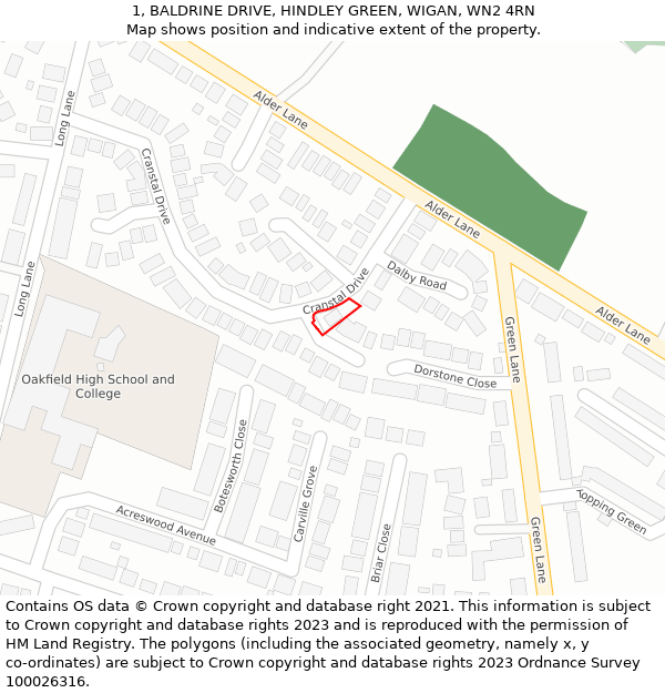 1, BALDRINE DRIVE, HINDLEY GREEN, WIGAN, WN2 4RN: Location map and indicative extent of plot