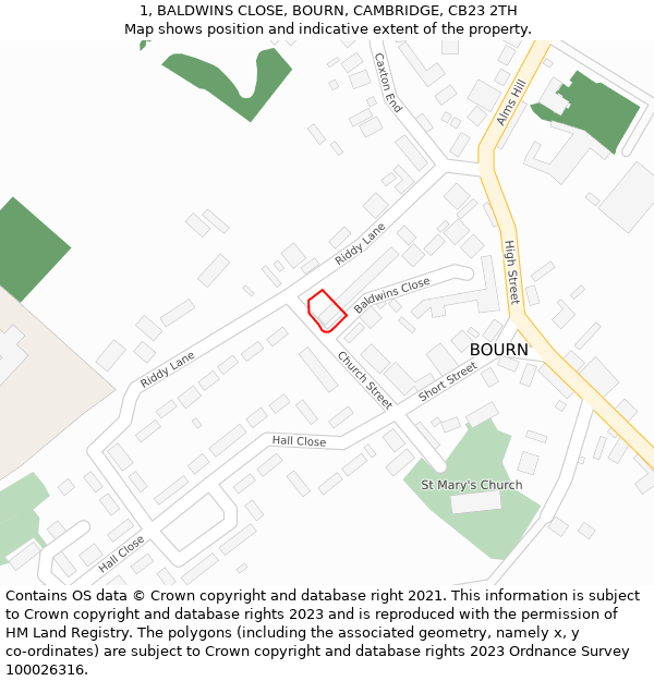 1, BALDWINS CLOSE, BOURN, CAMBRIDGE, CB23 2TH: Location map and indicative extent of plot