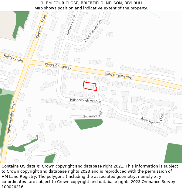 1, BALFOUR CLOSE, BRIERFIELD, NELSON, BB9 0HH: Location map and indicative extent of plot