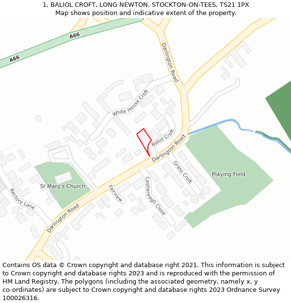 1, BALIOL CROFT, LONG NEWTON, STOCKTON-ON-TEES, TS21 1PX: Location map and indicative extent of plot