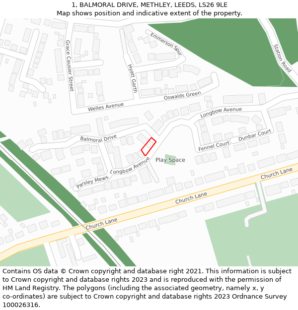 1, BALMORAL DRIVE, METHLEY, LEEDS, LS26 9LE: Location map and indicative extent of plot