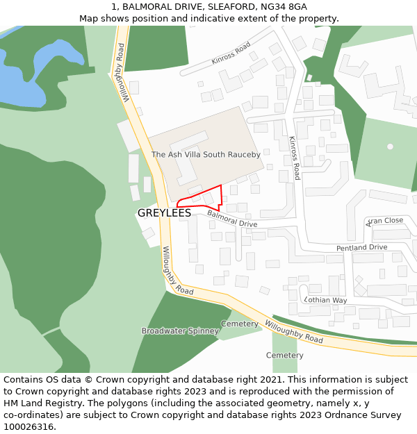 1, BALMORAL DRIVE, SLEAFORD, NG34 8GA: Location map and indicative extent of plot