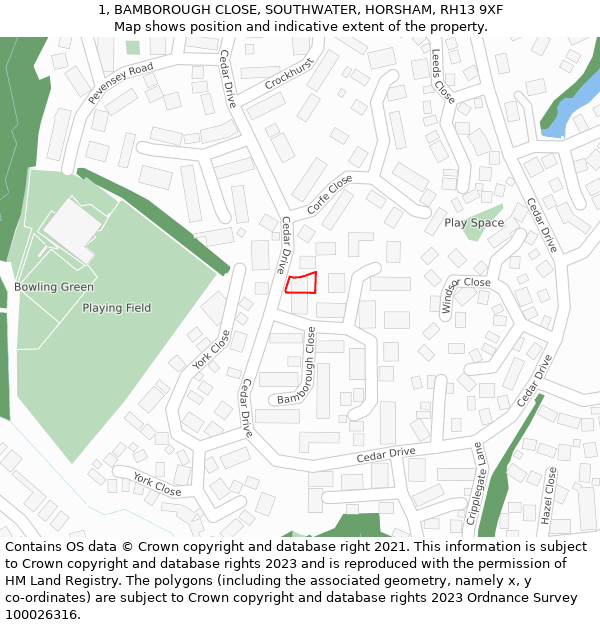 1, BAMBOROUGH CLOSE, SOUTHWATER, HORSHAM, RH13 9XF: Location map and indicative extent of plot