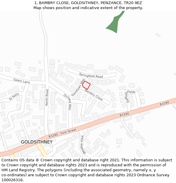 1, BAMBRY CLOSE, GOLDSITHNEY, PENZANCE, TR20 9EZ: Location map and indicative extent of plot