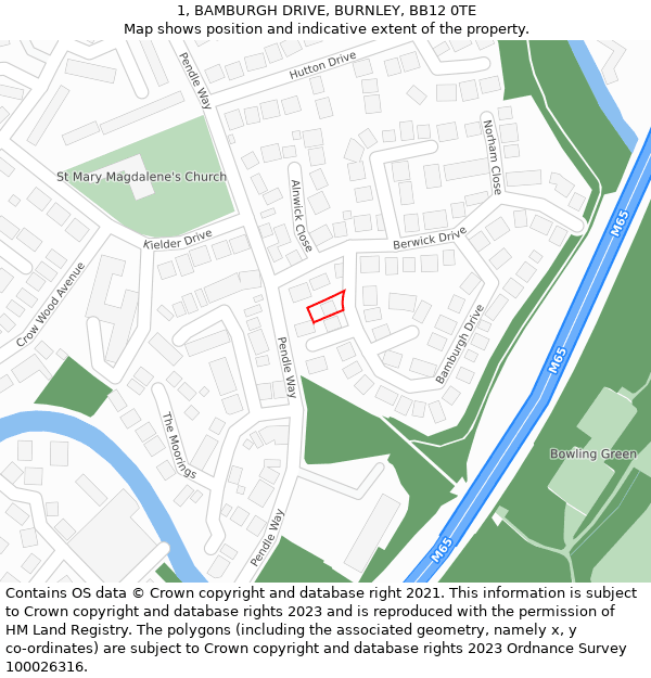 1, BAMBURGH DRIVE, BURNLEY, BB12 0TE: Location map and indicative extent of plot