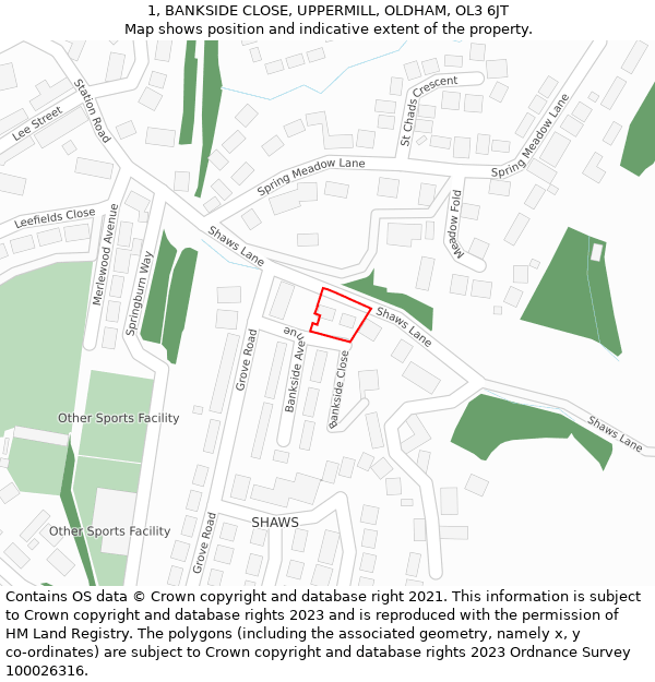 1, BANKSIDE CLOSE, UPPERMILL, OLDHAM, OL3 6JT: Location map and indicative extent of plot