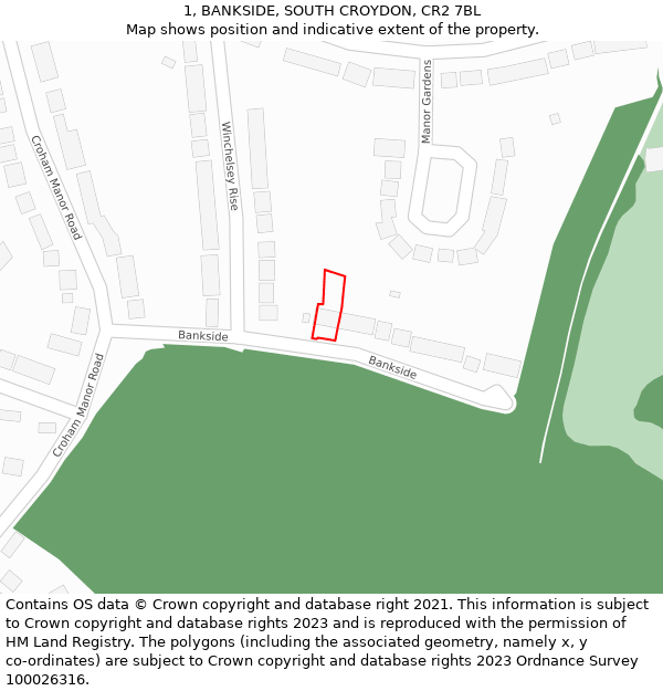 1, BANKSIDE, SOUTH CROYDON, CR2 7BL: Location map and indicative extent of plot