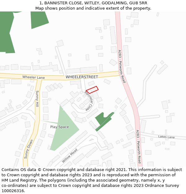 1, BANNISTER CLOSE, WITLEY, GODALMING, GU8 5RR: Location map and indicative extent of plot
