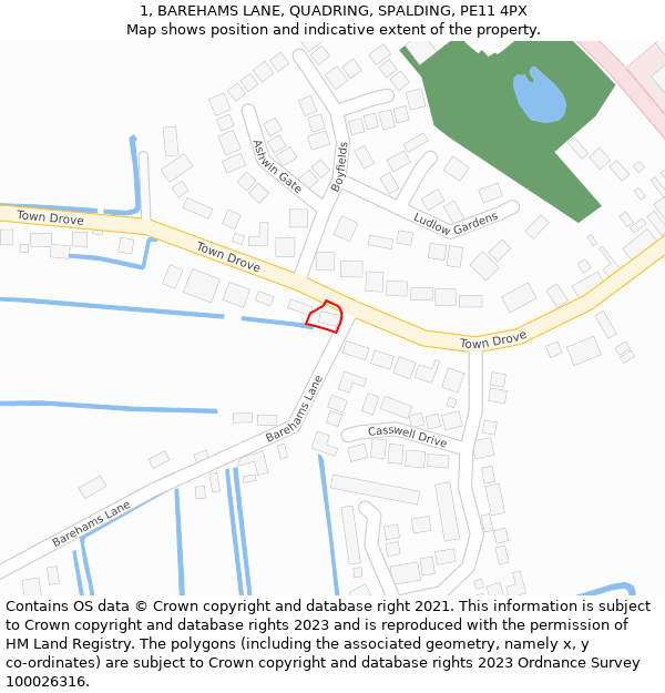1, BAREHAMS LANE, QUADRING, SPALDING, PE11 4PX: Location map and indicative extent of plot