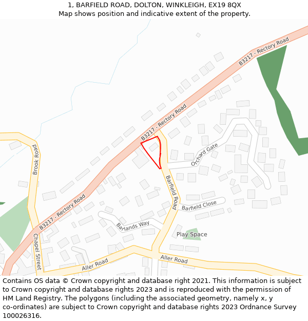 1, BARFIELD ROAD, DOLTON, WINKLEIGH, EX19 8QX: Location map and indicative extent of plot