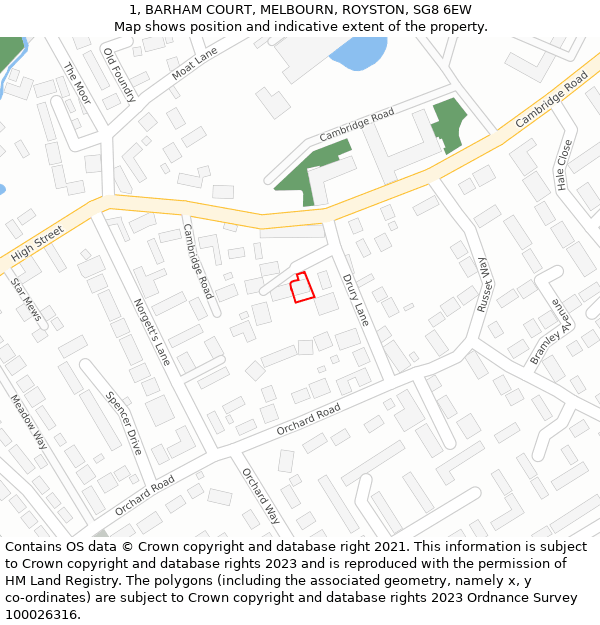 1, BARHAM COURT, MELBOURN, ROYSTON, SG8 6EW: Location map and indicative extent of plot