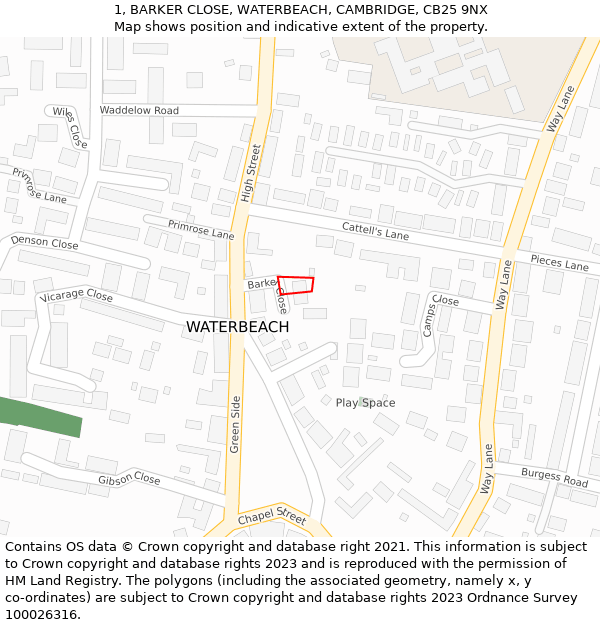 1, BARKER CLOSE, WATERBEACH, CAMBRIDGE, CB25 9NX: Location map and indicative extent of plot