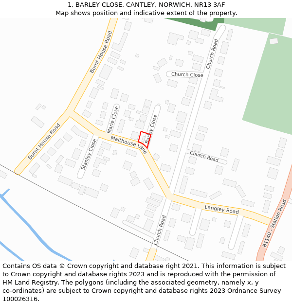 1, BARLEY CLOSE, CANTLEY, NORWICH, NR13 3AF: Location map and indicative extent of plot