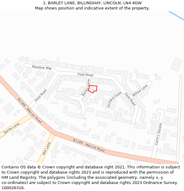 1, BARLEY LANE, BILLINGHAY, LINCOLN, LN4 4GW: Location map and indicative extent of plot