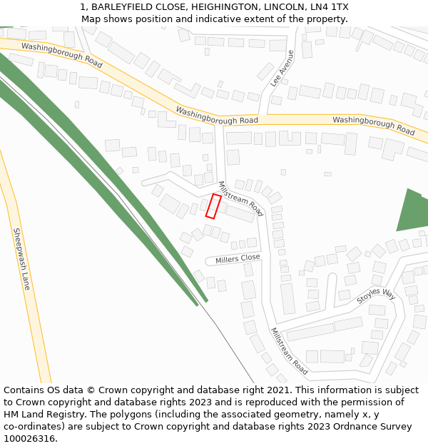 1, BARLEYFIELD CLOSE, HEIGHINGTON, LINCOLN, LN4 1TX: Location map and indicative extent of plot