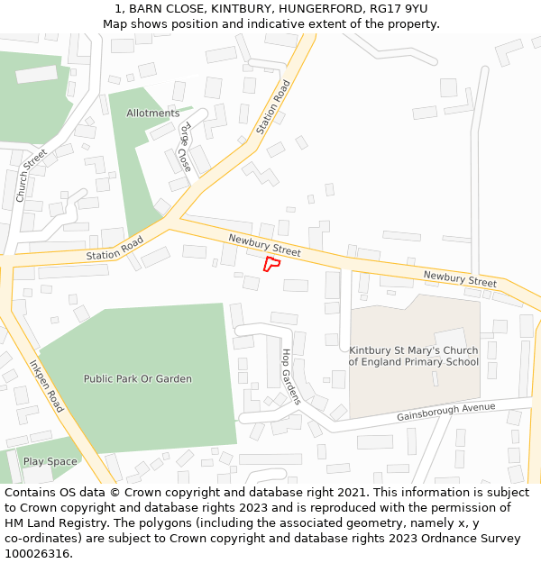 1, BARN CLOSE, KINTBURY, HUNGERFORD, RG17 9YU: Location map and indicative extent of plot