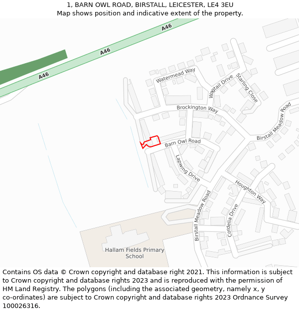 1, BARN OWL ROAD, BIRSTALL, LEICESTER, LE4 3EU: Location map and indicative extent of plot