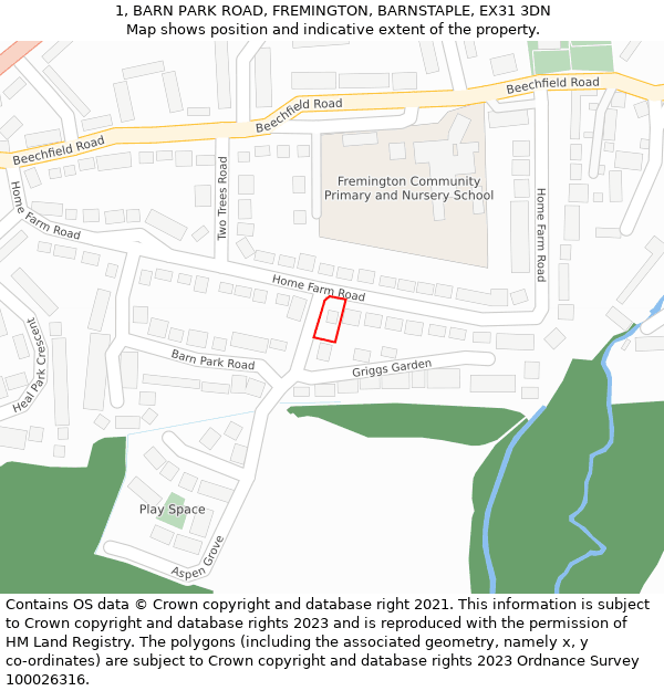 1, BARN PARK ROAD, FREMINGTON, BARNSTAPLE, EX31 3DN: Location map and indicative extent of plot